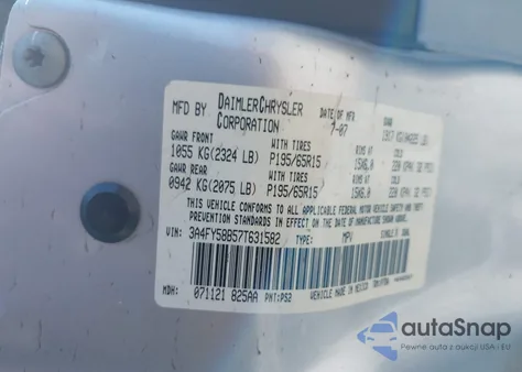 2007 Chrysler Pt Cruiser Touring z USA, uszkodzony, nr VIN 3A4FY58B57T631582